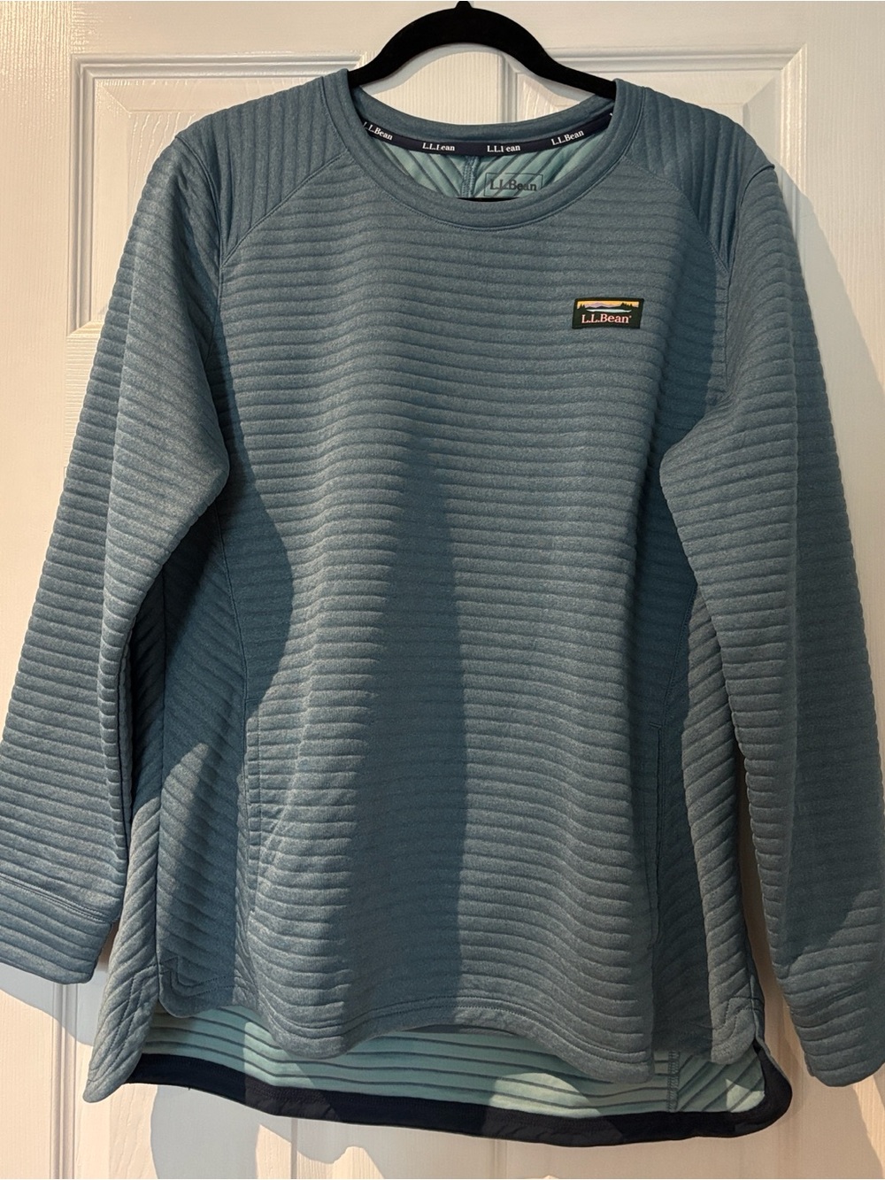 L.L. Bean Quilted Ribbed Crewneck Pullover - Teal Blue
